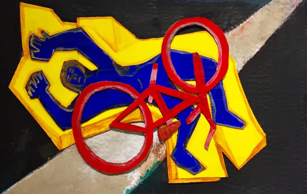 cardboard cutouts of a fallen figure with a yellow outline and a red bicycle and a road on a diagonal