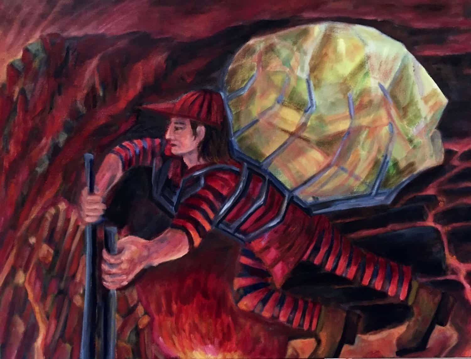 narrative symbolic oil painting of a figure in a red and black striped clothes carrying a figure wrapped up in a backpack across a fiery volcanic landscape