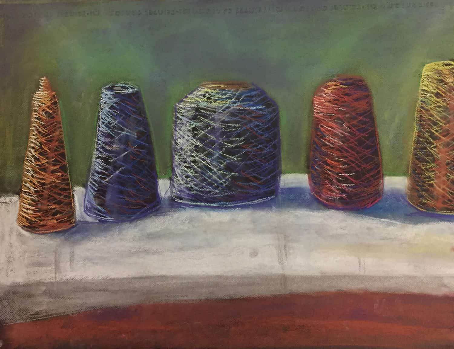 color pastel drawing of five colored rolls of spool on a table