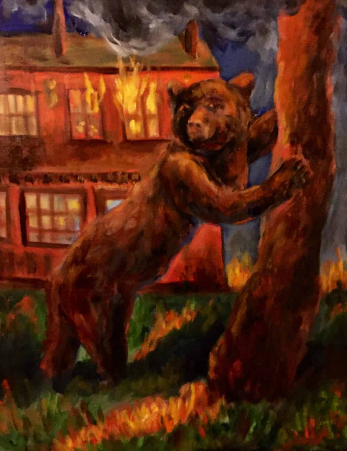 bear leaning on tree with house on fire behind the bear