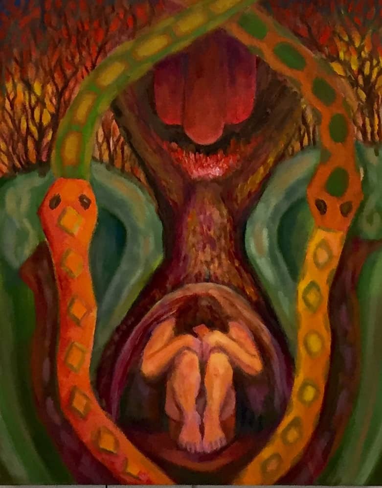 figure seated on ground with head on knees facing downward with ouroboros snakes around the figure and a forest on fire in the upper half background