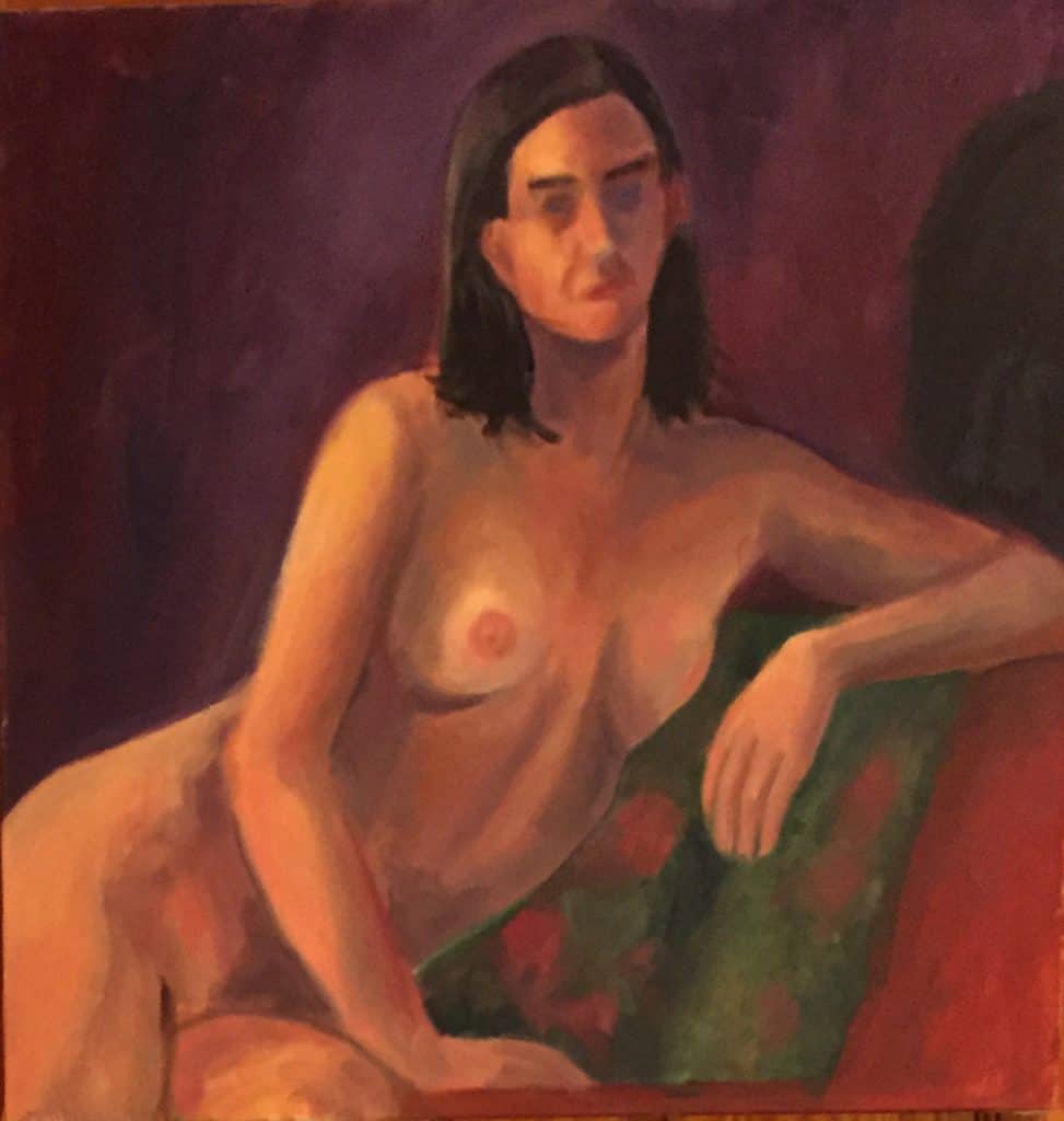 Nude model with black hair seated leaning to the right