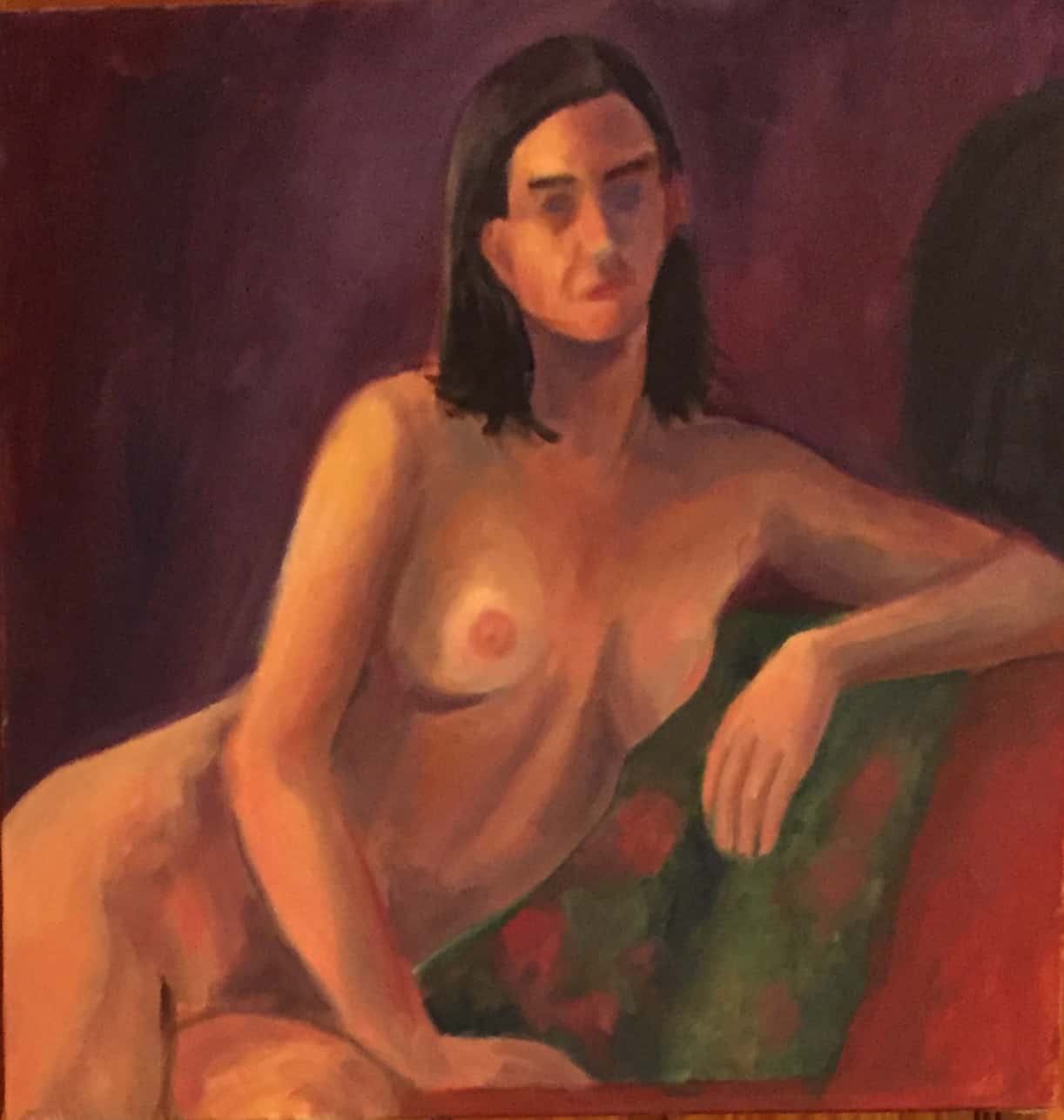 Nude model with black hair seated leaning to the right