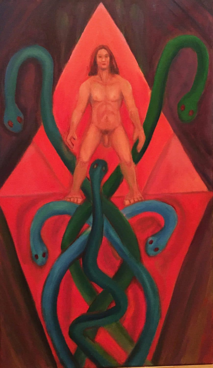 nude man standing facing viewer with four pairs of snakes around him and one snake approaching his genitals
