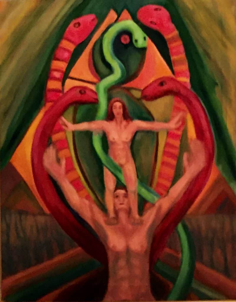 woman standing on man's shoulders, both with outspread arms with two pair so snakes above them forming semi-circles with a snake winding between the two figures and a yin and yang ball