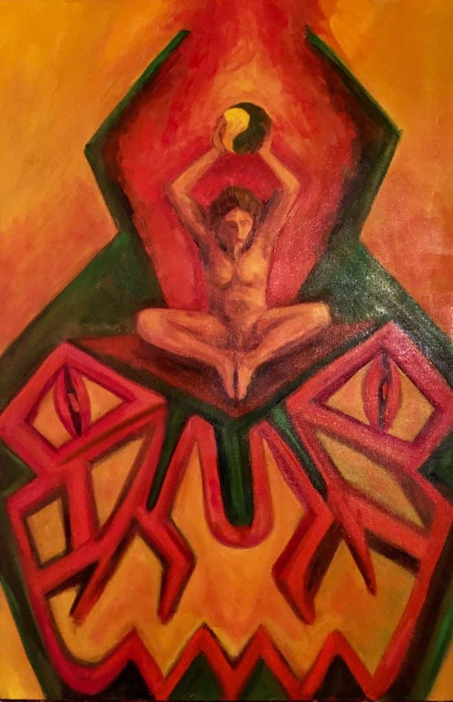 figure seated cross legged above moloch head
