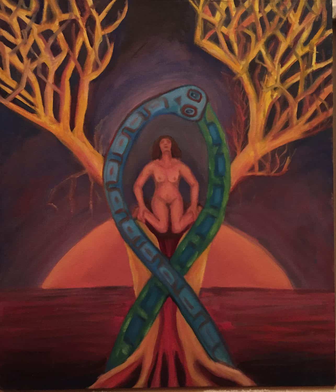 Figure sitting on top of tree trunk split in half and encircled by an ouroboros snake