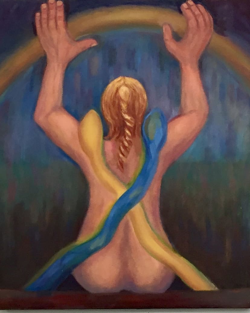 Figure seated from behind with arms raised and yellow and blue snakes intertwining behind her
