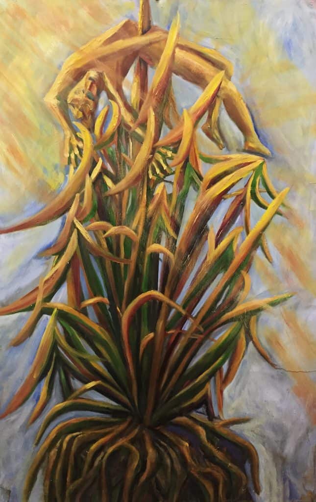 expressionist narrative oil painting of a figure fallen on a giant sharp agave bush