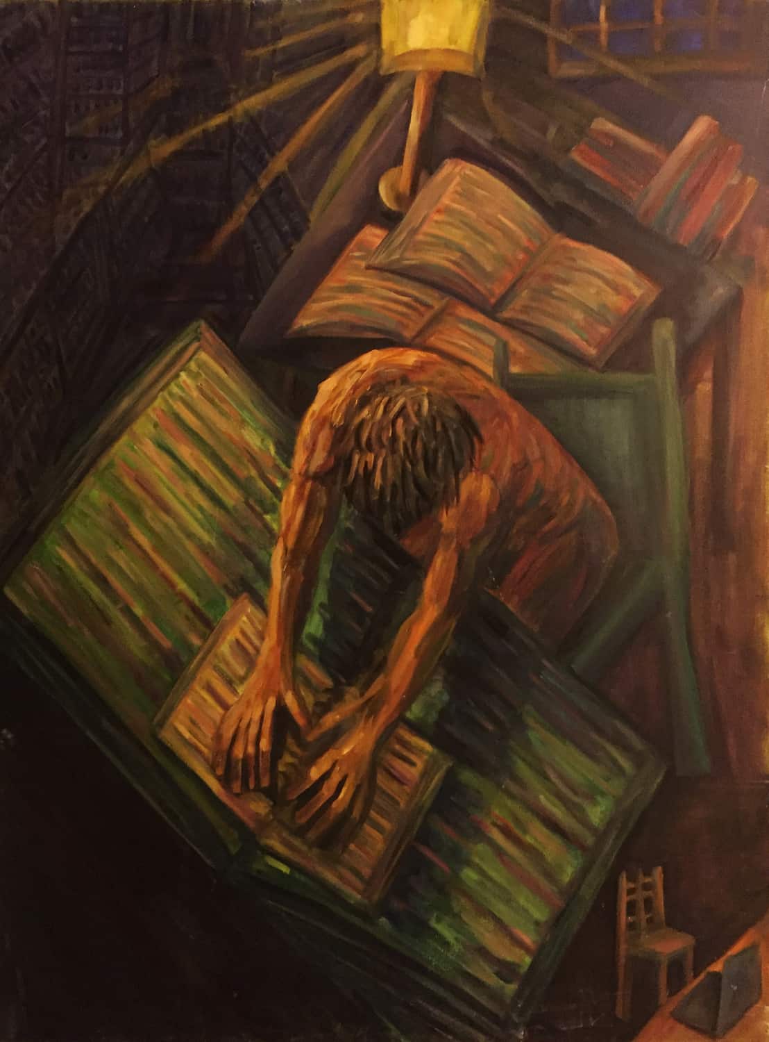 expressionist oil painting of a figure reading a large book seen overhead