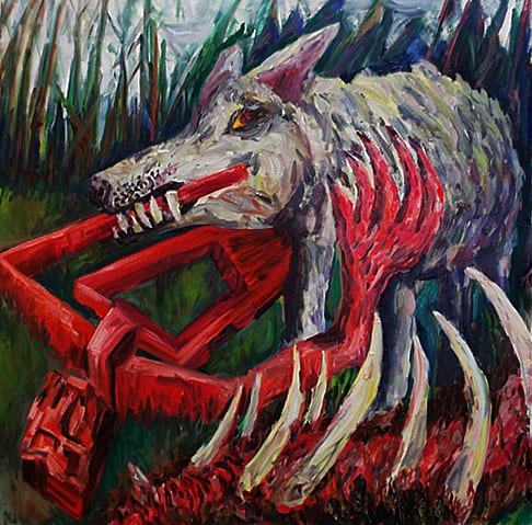 expressionist symbolic oil painting a wolf chewing on a wooden figure