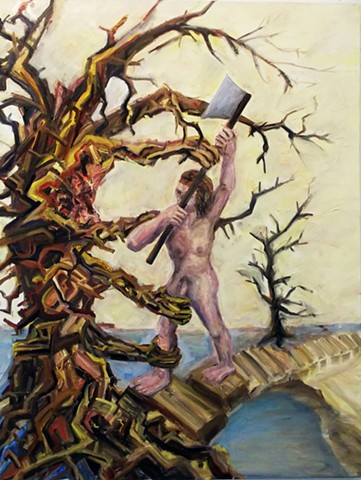 expressionist narrative oil painting of a nude figure chopping a tree with hands