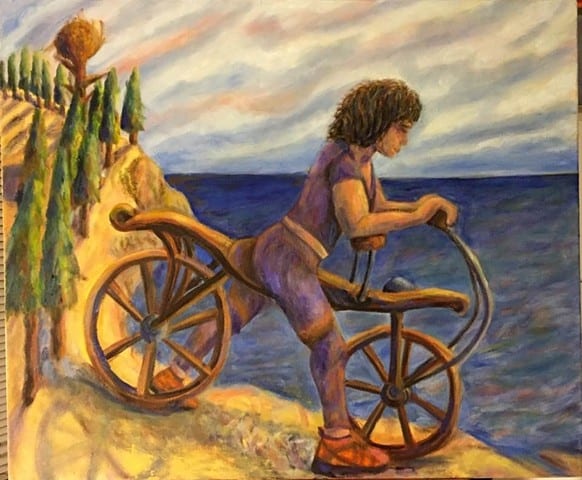 bicycle bike oil painting surrealism of a hobby horse bicyclist wearing purple