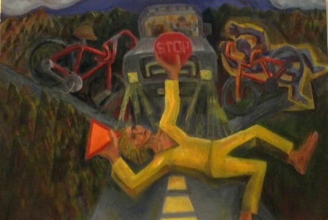 bicycle bike oil painting of figure holding a stop sign in front of a truck