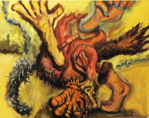surrealism oil painting of a glove, foot, hands, tail