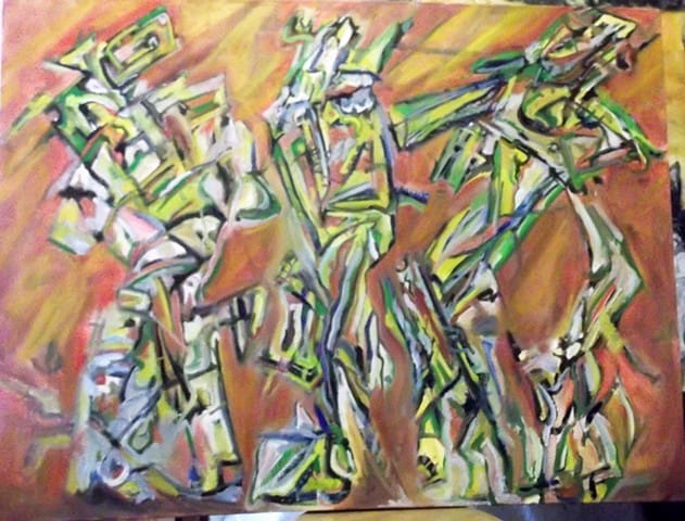 figurative oil painting of three stylized and abstract figures walking