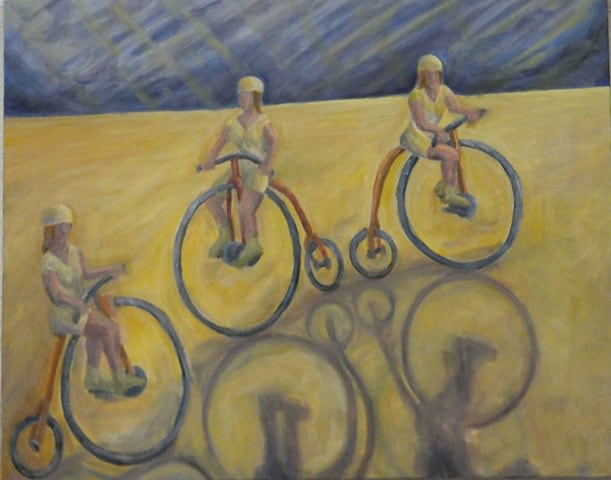 bicycle oil painting of three penny farthing bike riders in the desert
