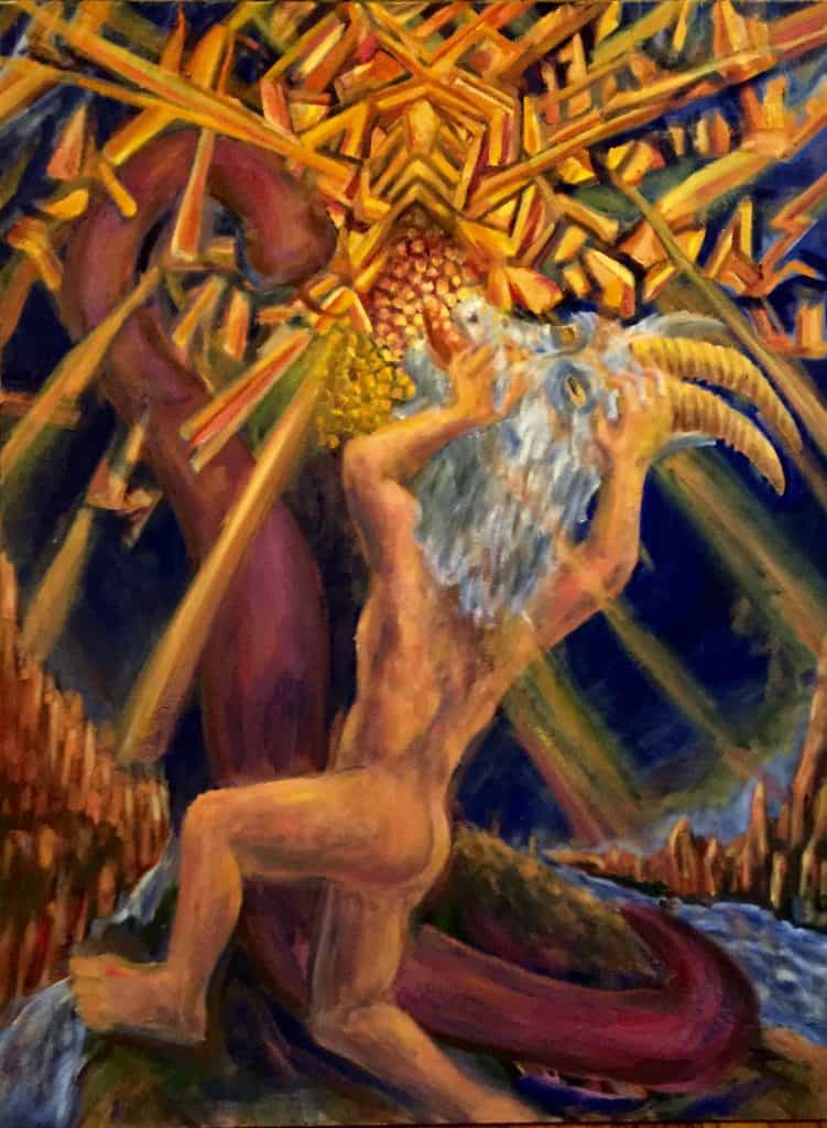 muscular nude figure removing goat head mask in front of a tree with a giant snake and honeycomb