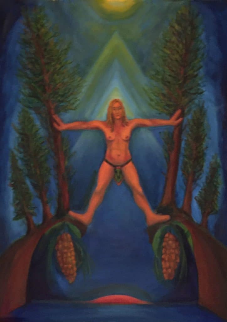 woman in Vitruvian pose with pine trees and pine cones