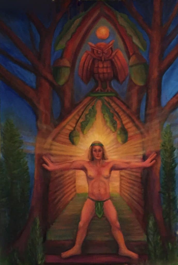 figure in Vitruvian pose with oil and light